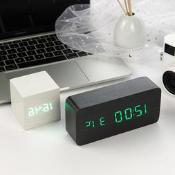 LED Wooden Alarm Clock Watch Table Voice Control